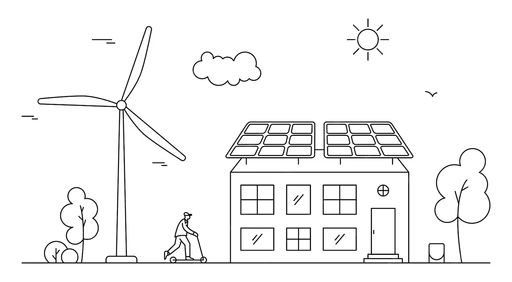 Home with rooftop solar panels and wind turbine